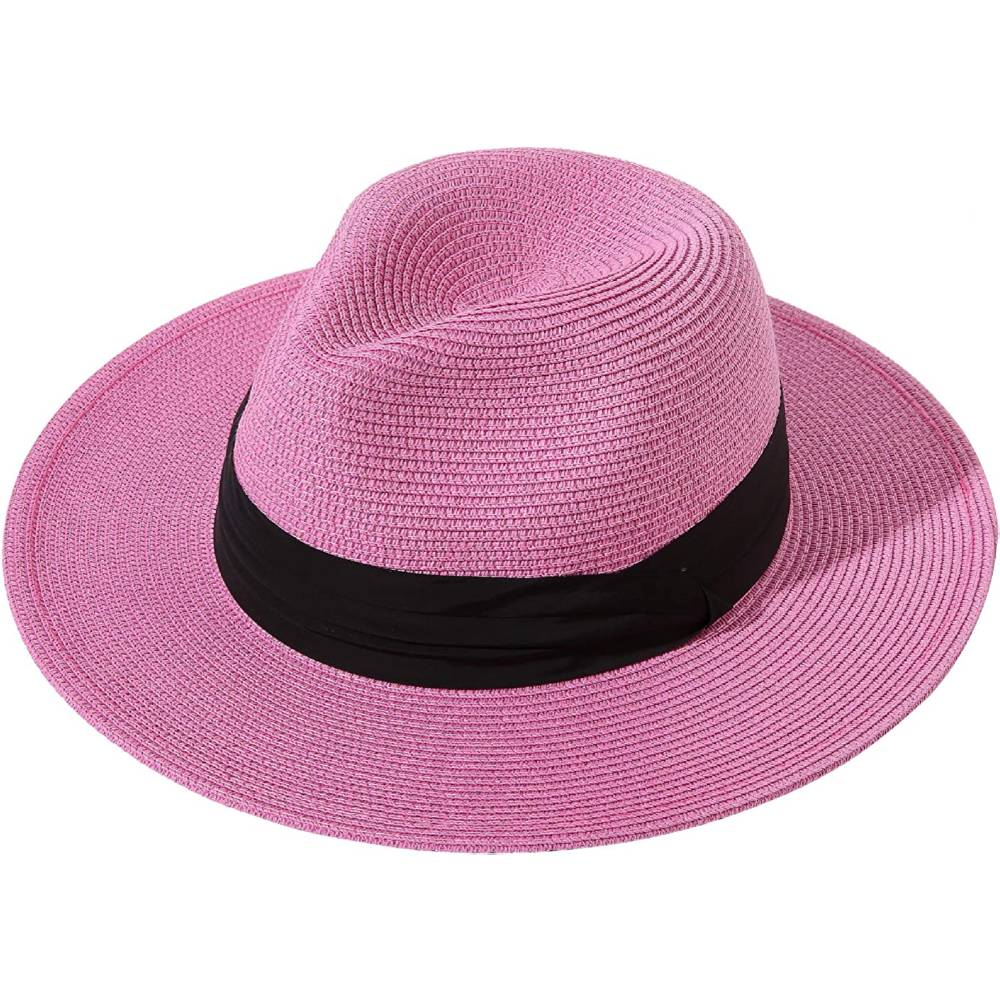 Lanzom Women Wide Brim Straw Panama Roll up Hat Belt Buckle Fedora Beach Sun Hat UPF50+ | Multiple Colors - R