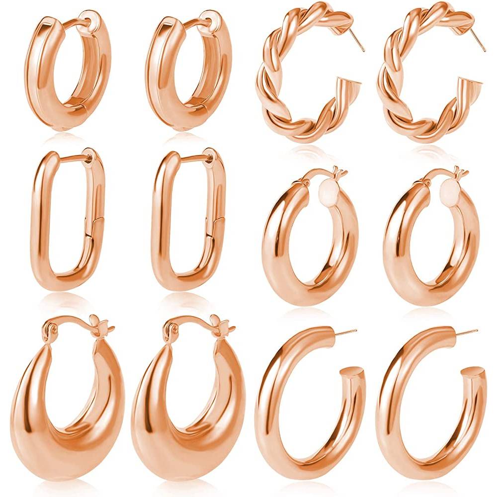 6 Pairs Gold Chunky Hoop Earrings Set for Women Hypoallergenic Thick Open Twisted Huggie Hoop Jewelry for Birthday/Christmas Gifts | Multiple Colors and Sizes | RG