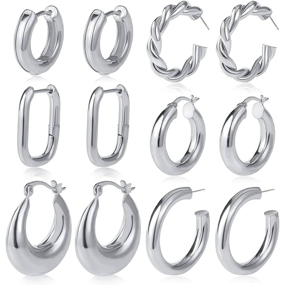 6 Pairs Gold Chunky Hoop Earrings Set for Women Hypoallergenic Thick Open Twisted Huggie Hoop Jewelry for Birthday/Christmas Gifts | Multiple Colors and Sizes | S