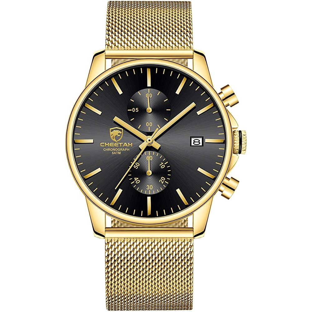 GOLDEN HOUR Mens Watch Fashion Sleek Minimalist Quartz Analog Mesh Stainless Steel Waterproof Chronograph Watches for Men with Auto Date - GB