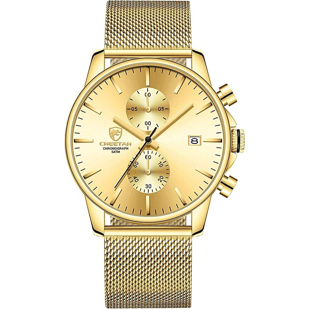 GOLDEN HOUR Mens Watch Fashion Sleek Minimalist Quartz Analog Mesh Stainless Steel Waterproof Chronograph Watches for Men with Auto Date - G