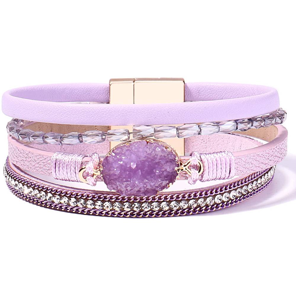 FANCY SHINY Leather Wrap Bracelet Boho Cuff Bracelets Crystal Bead Bracelet with Magnetic Clasp for Women | Multiple Colors and Sizes - PU