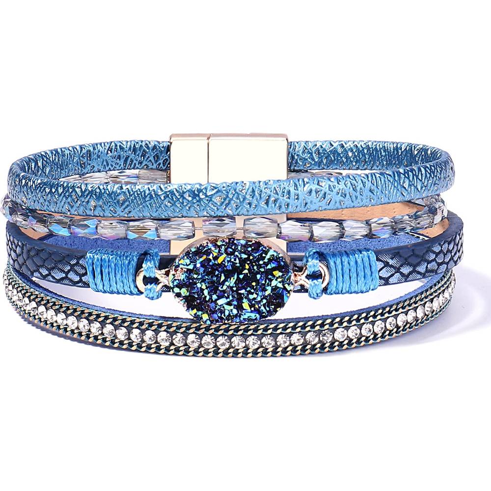 FANCY SHINY Leather Wrap Bracelet Boho Cuff Bracelets Crystal Bead Bracelet with Magnetic Clasp for Women | Multiple Colors and Sizes - SB