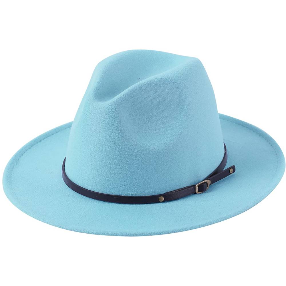 Lanzom Womens Classic Wide Brim Floppy Panama Hat Belt Buckle Wool Fedora Hat | Multiple Colors - LGE