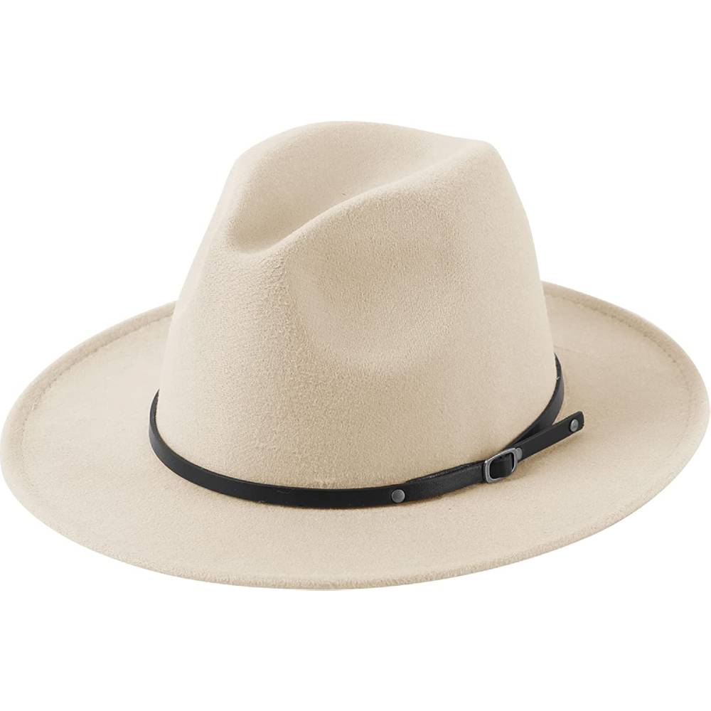 Lanzom Womens Classic Wide Brim Floppy Panama Hat Belt Buckle Wool Fedora Hat | Multiple Colors - BE