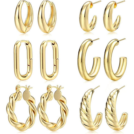 Gold Hoop Earrings Set for Women, 14K Gold Plated Lightweight Hypoallergenic Chunky Open Hoops Set for Gift | Multiple Colors and Sizes - G