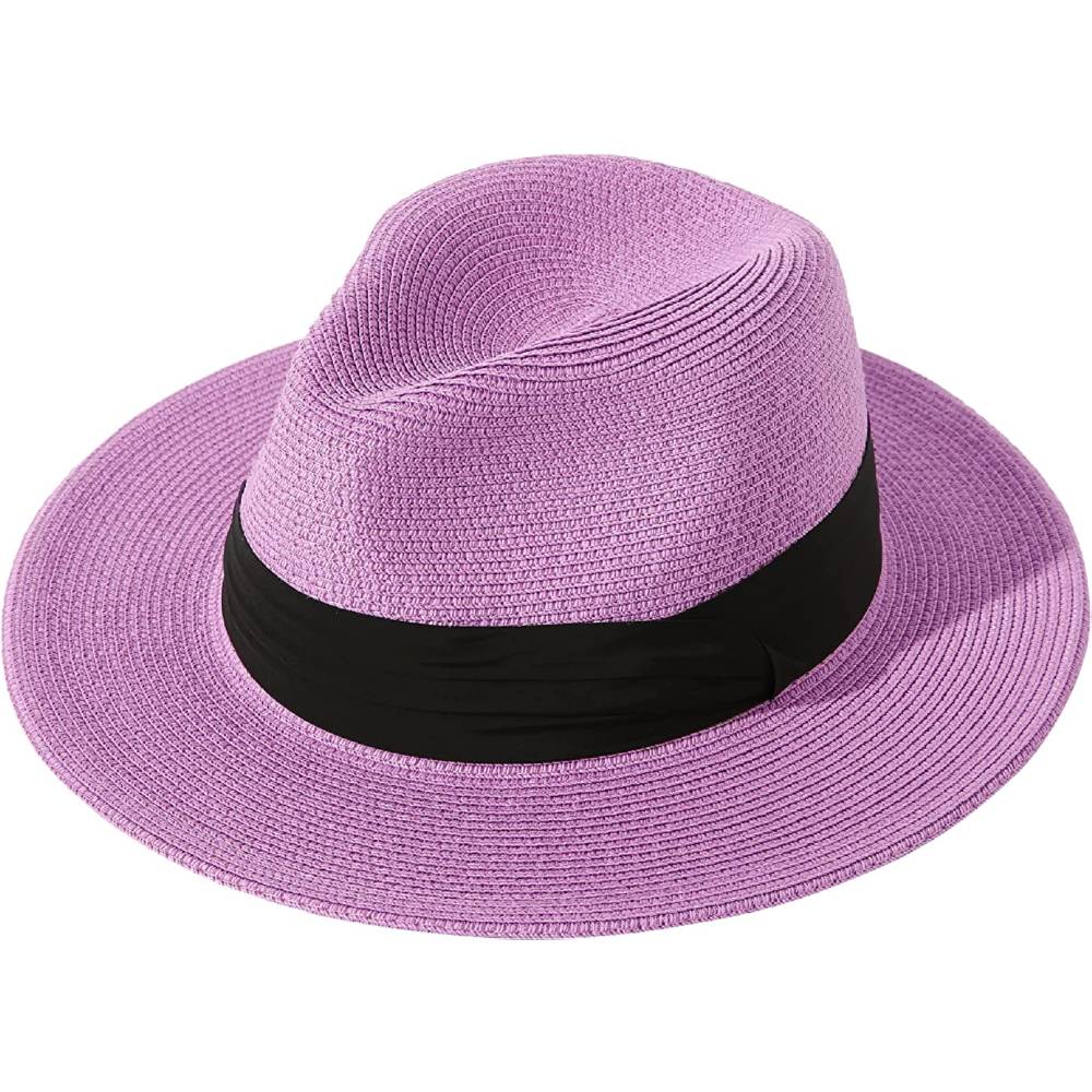 Lanzom Women Wide Brim Straw Panama Roll up Hat Belt Buckle Fedora Beach Sun Hat UPF50+ | Multiple Colors - PU