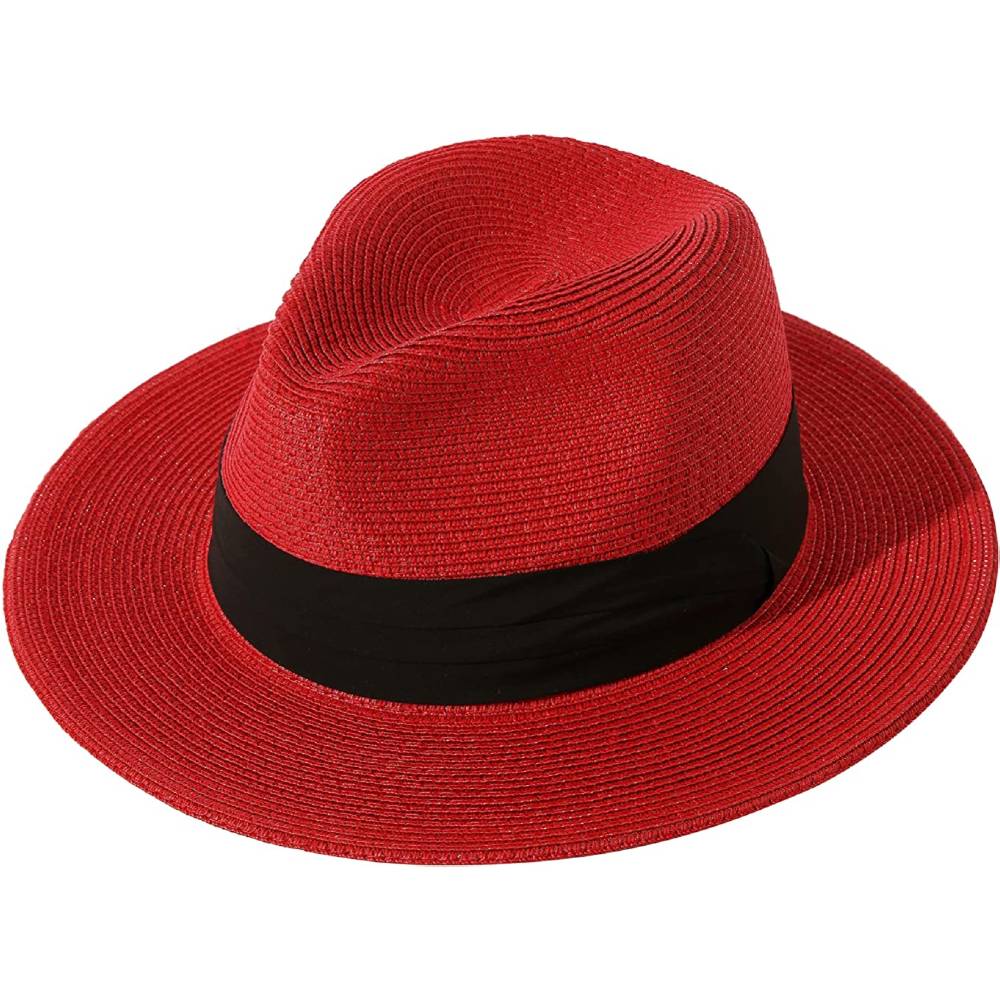 Lanzom Women Wide Brim Straw Panama Roll up Hat Belt Buckle Fedora Beach Sun Hat UPF50+ | Multiple Colors - RE