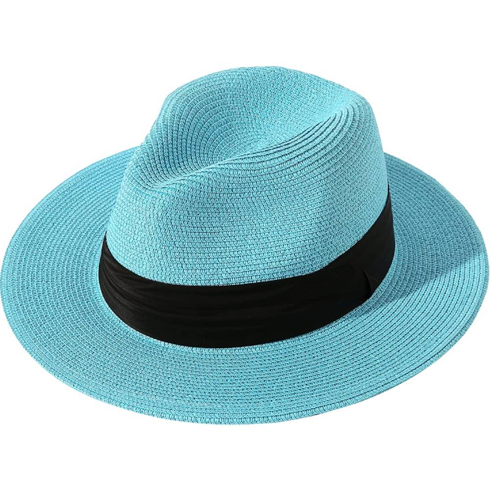 Lanzom Women Wide Brim Straw Panama Roll up Hat Belt Buckle Fedora Beach Sun Hat UPF50+ | Multiple Colors - SBL