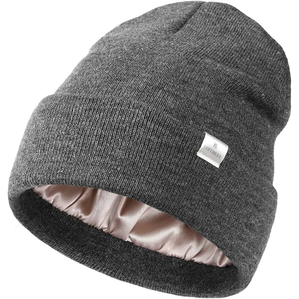 YANIBEST Womens Saitn Lined Knit Beanie Hat Acrylic Winter Hats for Women Men Silk Lining Soft Slouchy Warm Cuffed Beanie Hat | Multiple Colors - ADG