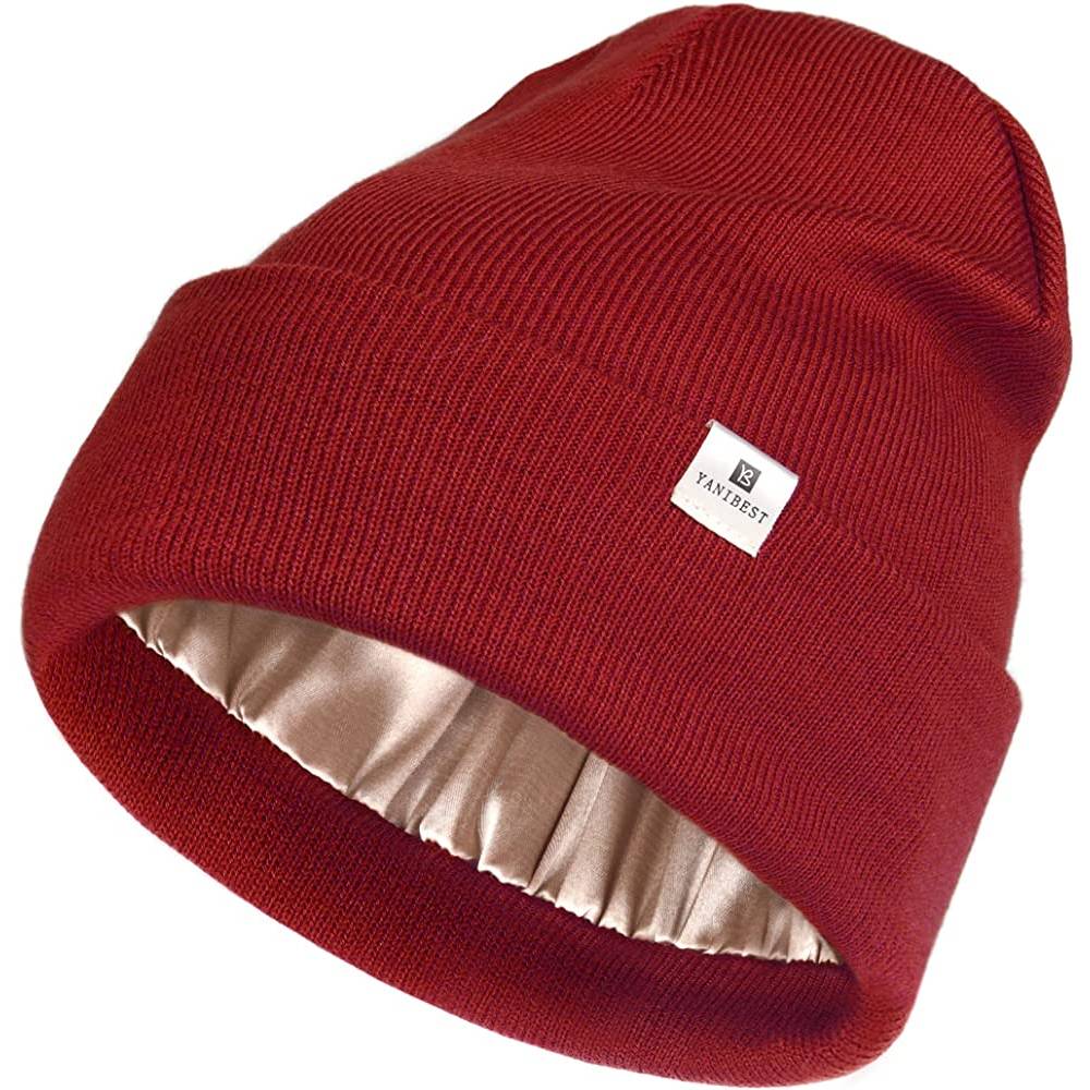 YANIBEST Womens Saitn Lined Knit Beanie Hat Acrylic Winter Hats for Women Men Silk Lining Soft Slouchy Warm Cuffed Beanie Hat | Multiple Colors - WIR