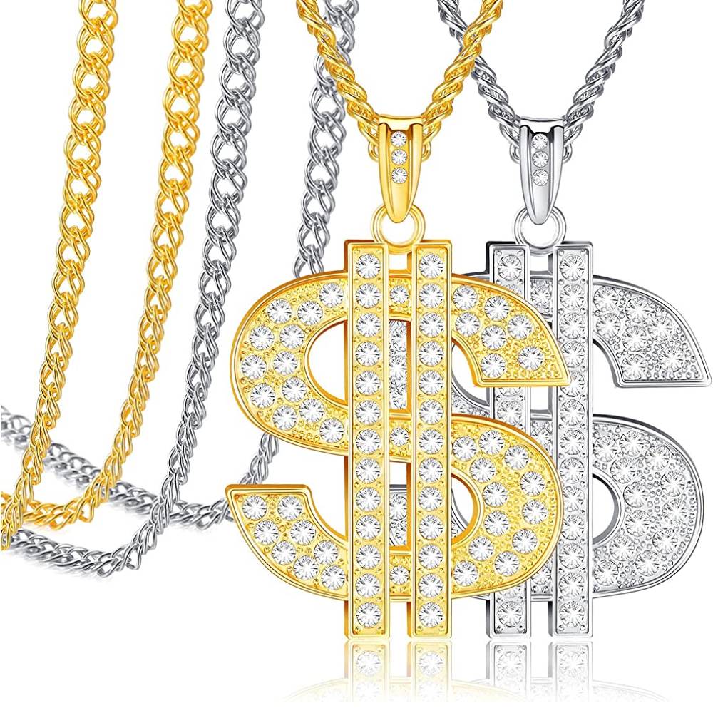 2 Pieces Gold/Silver Plated Chain for Men with Dollar Sign Pendant Necklace, Hip Hop Dollar Necklace | Multiple Colors - GS