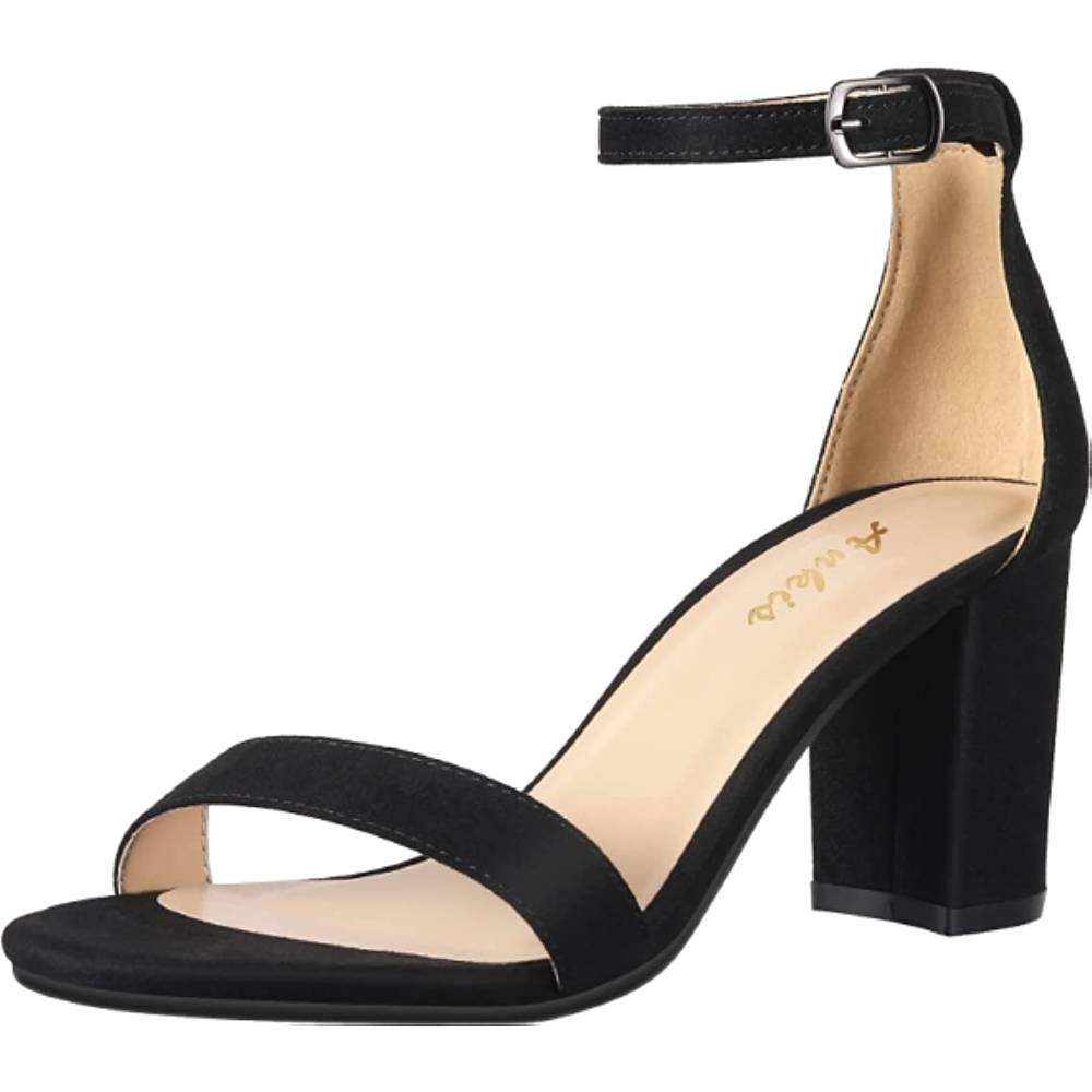Ankis Nude Black Silver Gold Heels for Women Open Toe Ankle Strap Chunky Heel Pump Sandals Party Wedding Strappy Buckle Sandals Standard Size 2.75 Inches Tall Thick Heel Design | Multiple Colors and Sizes - BS