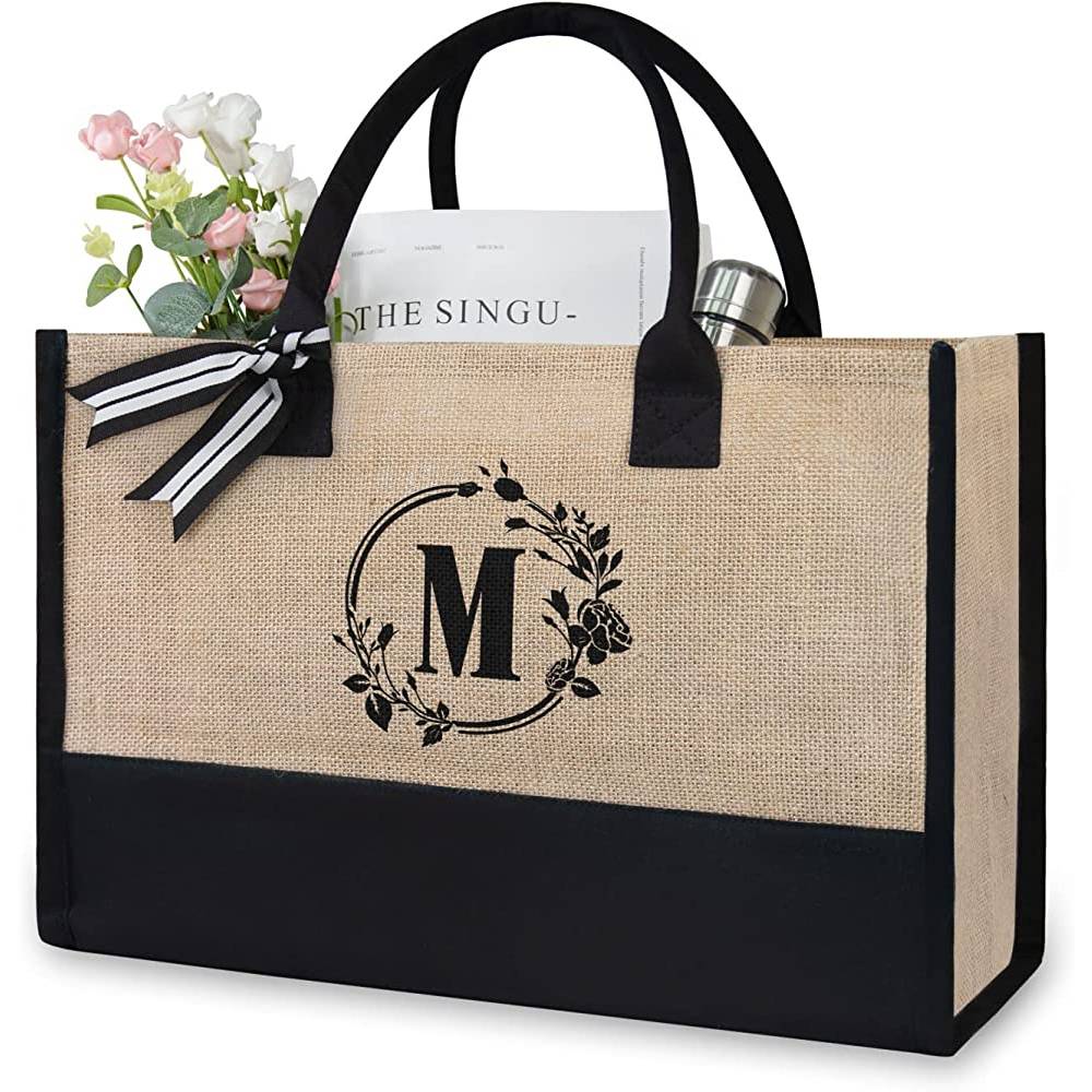 TOPDesign Initial Jute/Canvas Tote Bag, Personalized Present Bag, Suitable for Wedding, Birthday, Beach, Holiday, is a Great Gift for Women, Mom, Teachers, Friends, Bridesmaids (Letter M) - MUC