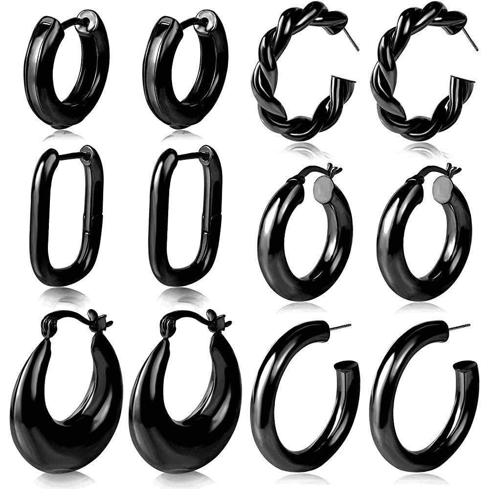 6 Pairs Gold Chunky Hoop Earrings Set for Women Hypoallergenic Thick Open Twisted Huggie Hoop Jewelry for Birthday/Christmas Gifts | Multiple Colors and Sizes | B