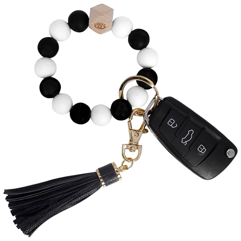 BIHRTC Silicone Key Ring Bracelets Wristlet Keychain Wallet with Net Chapstick Holder for Women | Multiple Colors - BW