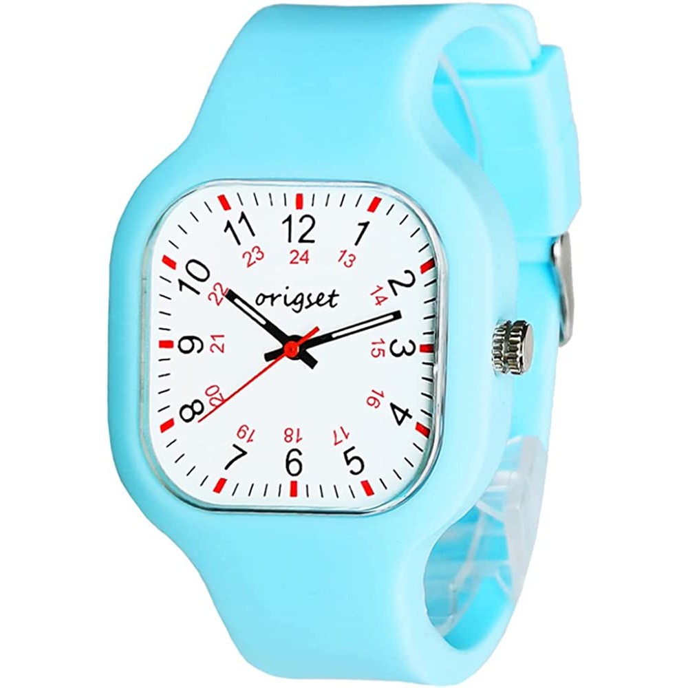 Origset Women Watch Square 24 Hour with 3-Hand Sweeping Easy to Read Time for Nurse Medical Students Teachers Doctors Colorful Water Proof Large Numbers Face and Strap Interchangeable | Multiple Colors and Sizes - NBW