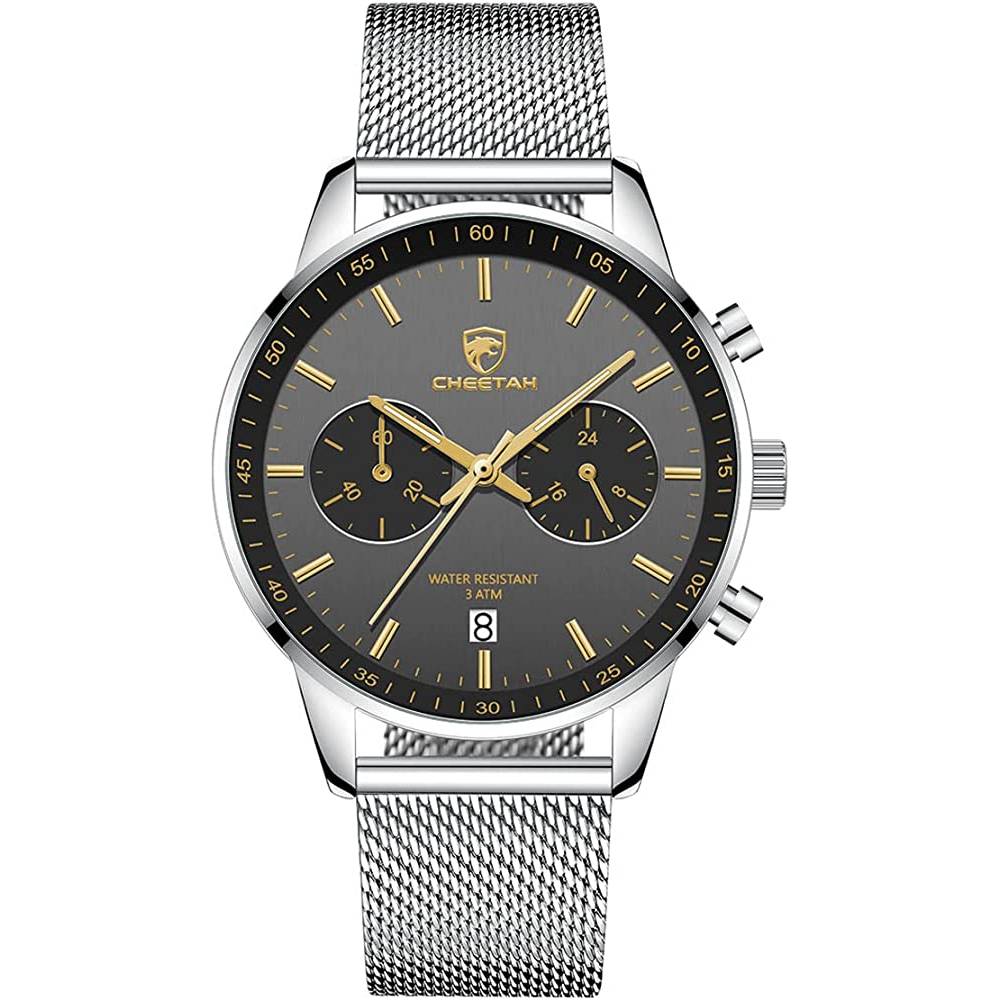 GOLDEN HOUR Mens Watch Fashion Sleek Minimalist Quartz Analog Mesh Stainless Steel Waterproof Chronograph Watches for Men with Auto Date - SGR