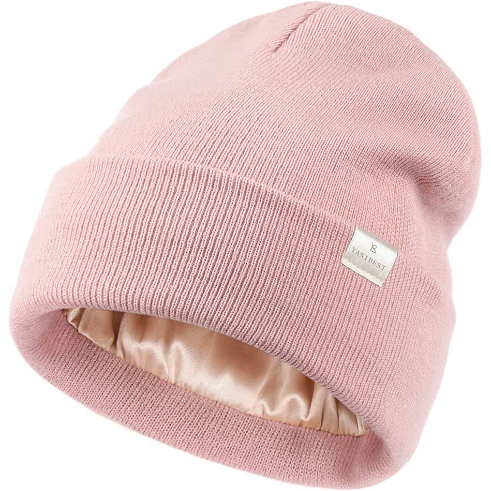 YANIBEST Womens Saitn Lined Knit Beanie Hat Acrylic Winter Hats for Women Men Silk Lining Soft Slouchy Warm Cuffed Beanie Hat | Multiple Colors - BLPK