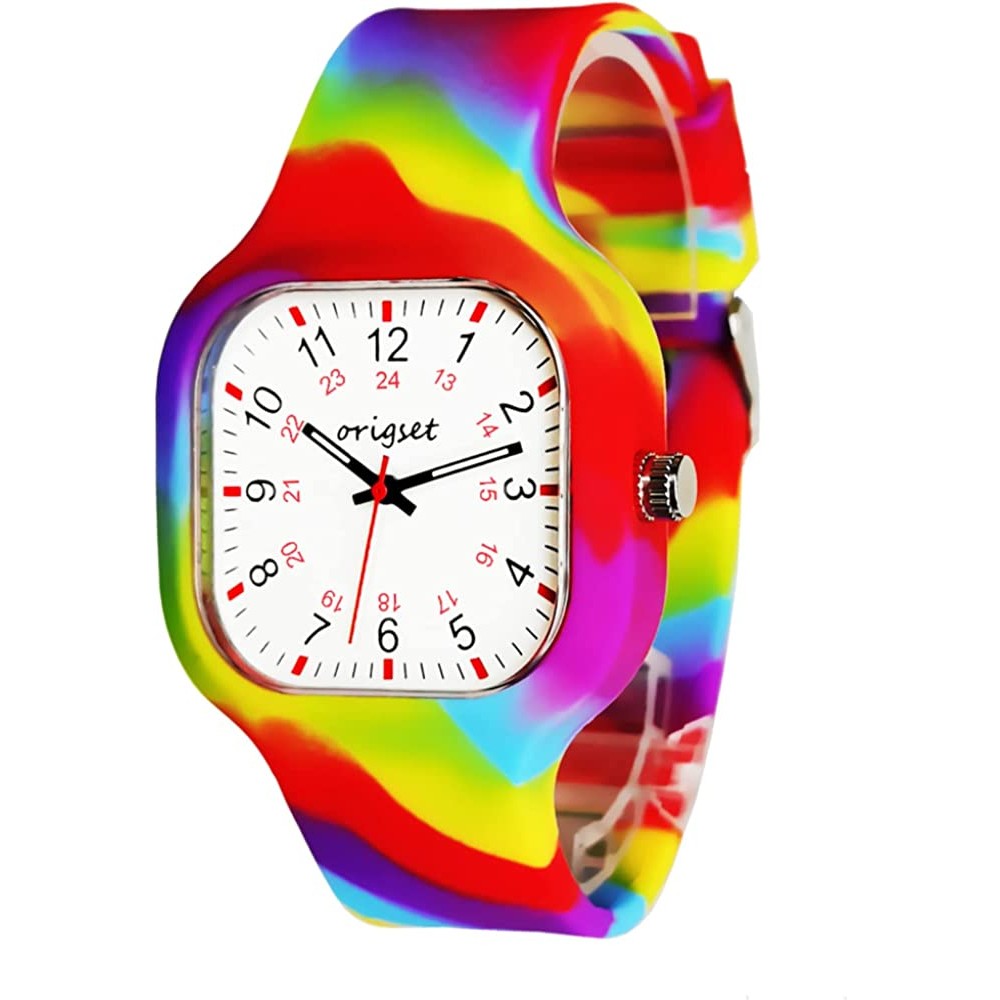 Origset Women Watch Square 24 Hour with 3-Hand Sweeping Easy to Read Time for Nurse Medical Students Teachers Doctors Colorful Water Proof Large Numbers Face and Strap Interchangeable | Multiple Colors and Sizes - CW